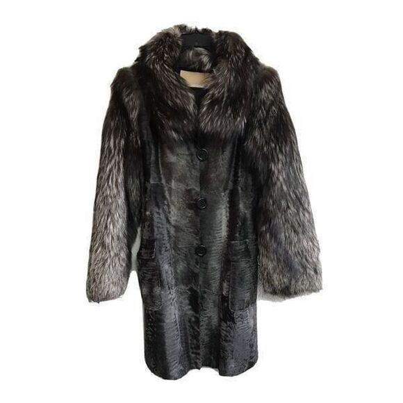 Michael Kors Fox Fur Coat Women M 18x36 Black Brown Gray button up pockets Lined - Picture 1 of 12